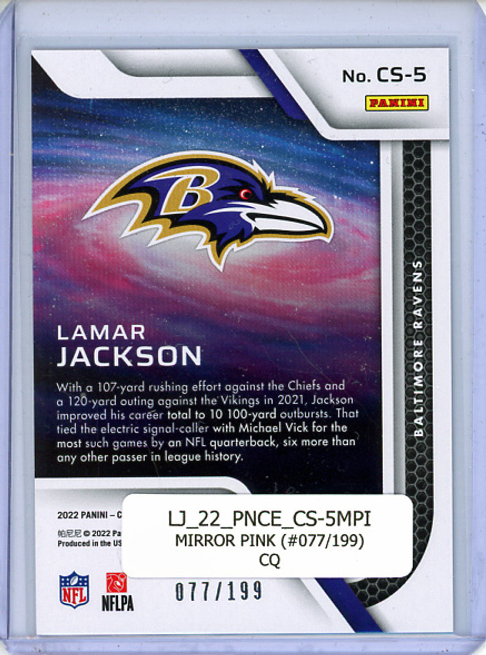 Lamar Jackson 2022 Certified, Certified Stars #CS-5 Mirror Pink (#077/199) (CQ)