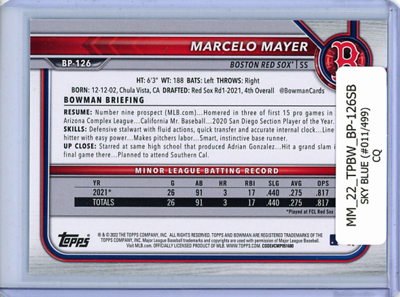 Marcelo Mayer 2022 Bowman Prospects #BP-126 Sky Blue (#011/499) (CQ)