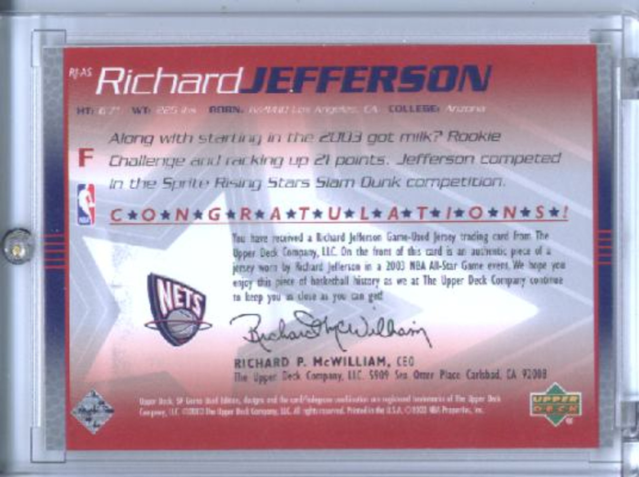 Richard Jefferson 2003-04 SP Game Used, All Star Apparel #RJ-AS