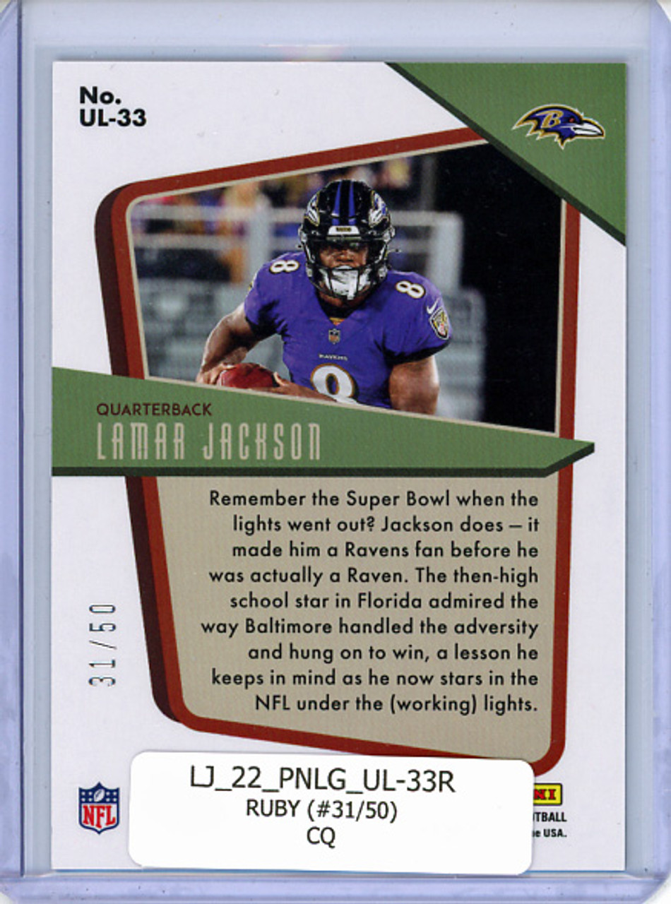 Lamar Jackson 2022 Legacy, Under the Lights #UL-33 Ruby (#31/50) (CQ)