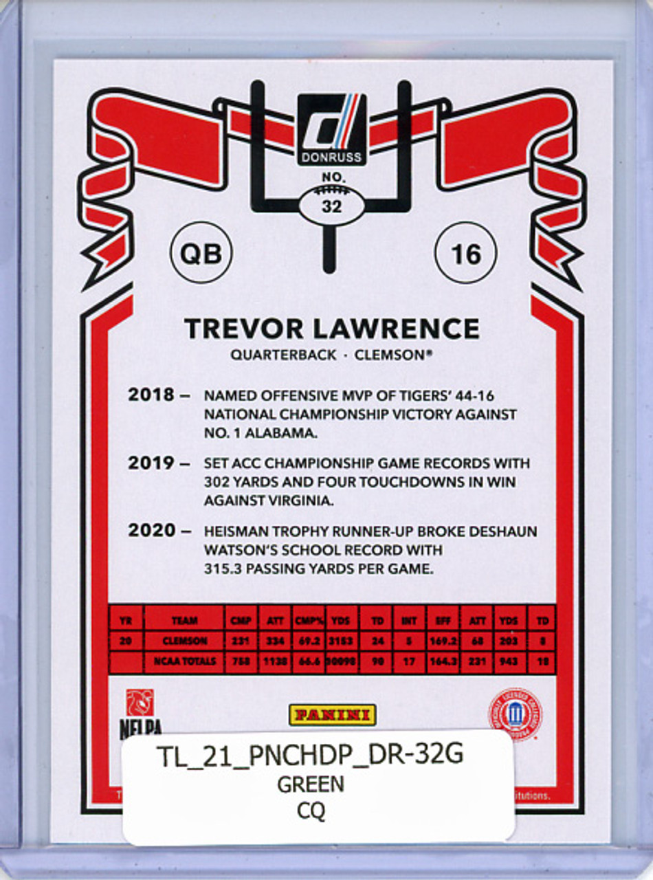 Trevor Lawrence 2021 Chronicles Draft Picks, Donruss #32 Green (CQ)