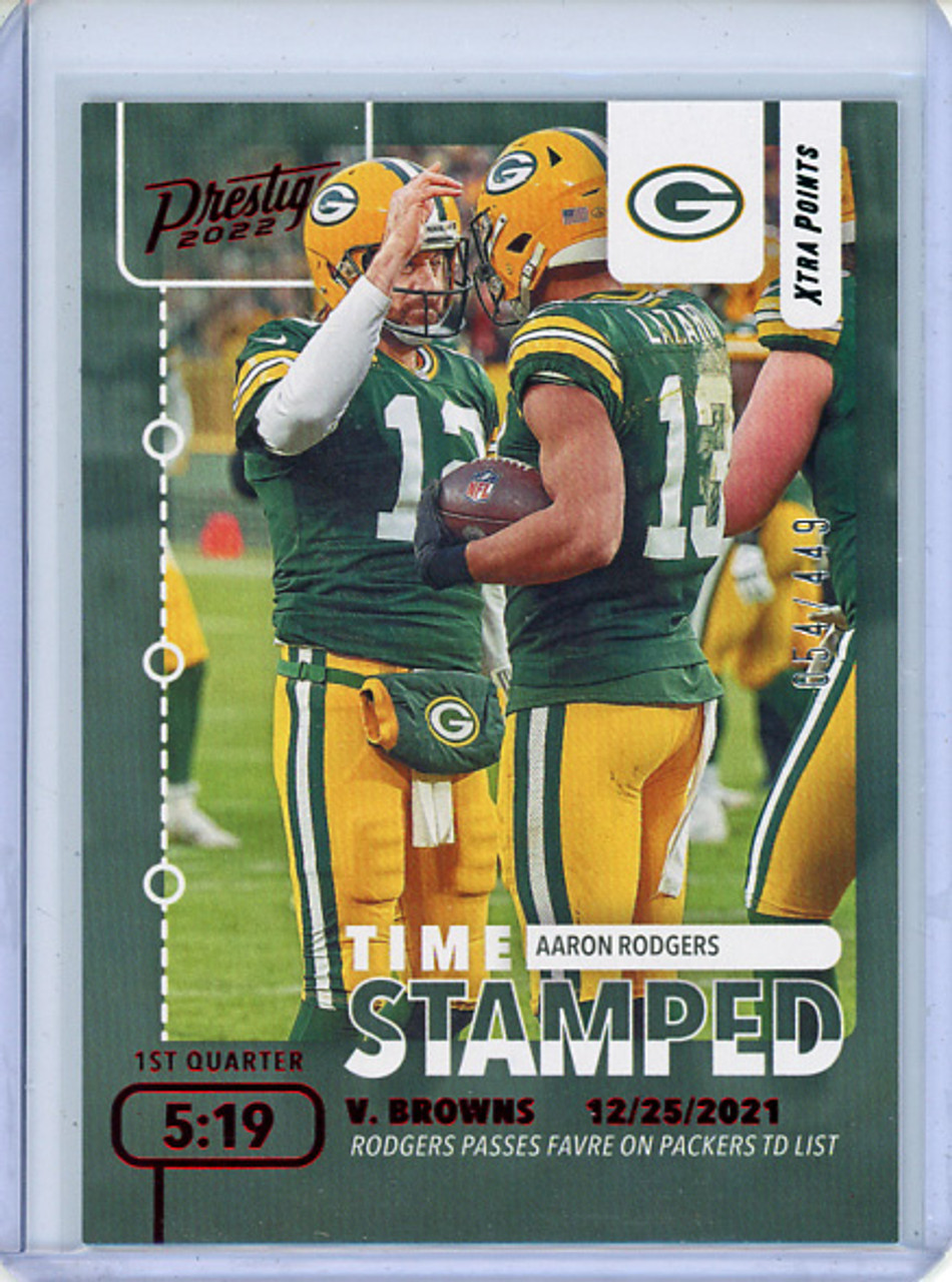 Aaron Rodgers 2022 Prestige, Time Stamped #TS-2 Xtra Points Red (#054/449) (CQ)