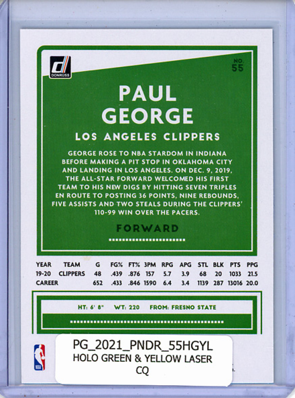 Paul George 2020-21 Donruss #55 Holo Green & Yellow Laser (CQ)