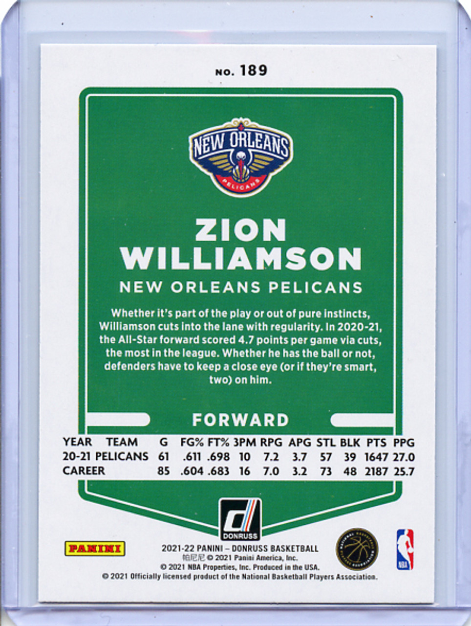 Zion Williamson 2021-22 Donruss #189 Holo Green & Yellow Laser (2)