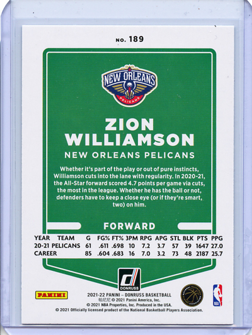 Zion Williamson 2021-22 Donruss #189 Holo Green & Yellow Laser (5)