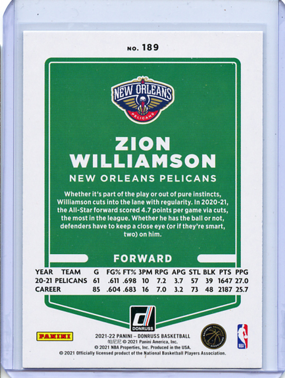 Zion Williamson 2021-22 Donruss #189 Holo Green Laser (1)
