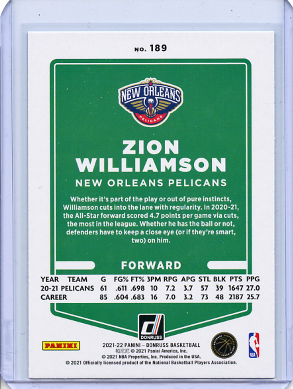 Zion Williamson 2021-22 Donruss #189 Holo Teal Laser (1)