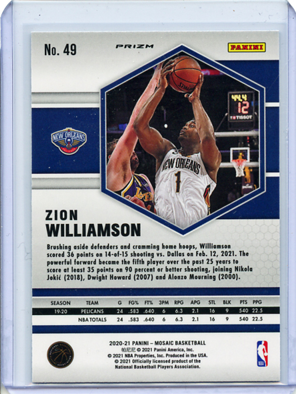 Zion Williamson 2020-21 Mosaic #49 Yellow Reactive (1)
