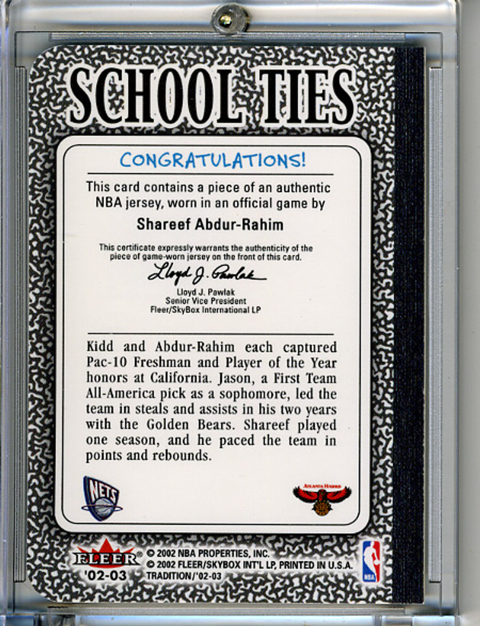 Shareef Abdur-Rahim, Jason Kidd 2002-03 Tradition, School Ties Game-Used Singles #ST5B (1)