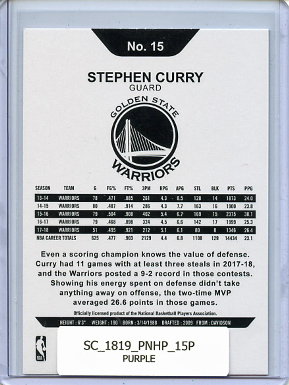 Stephen Curry 2018-19 Hoops #15 Purple