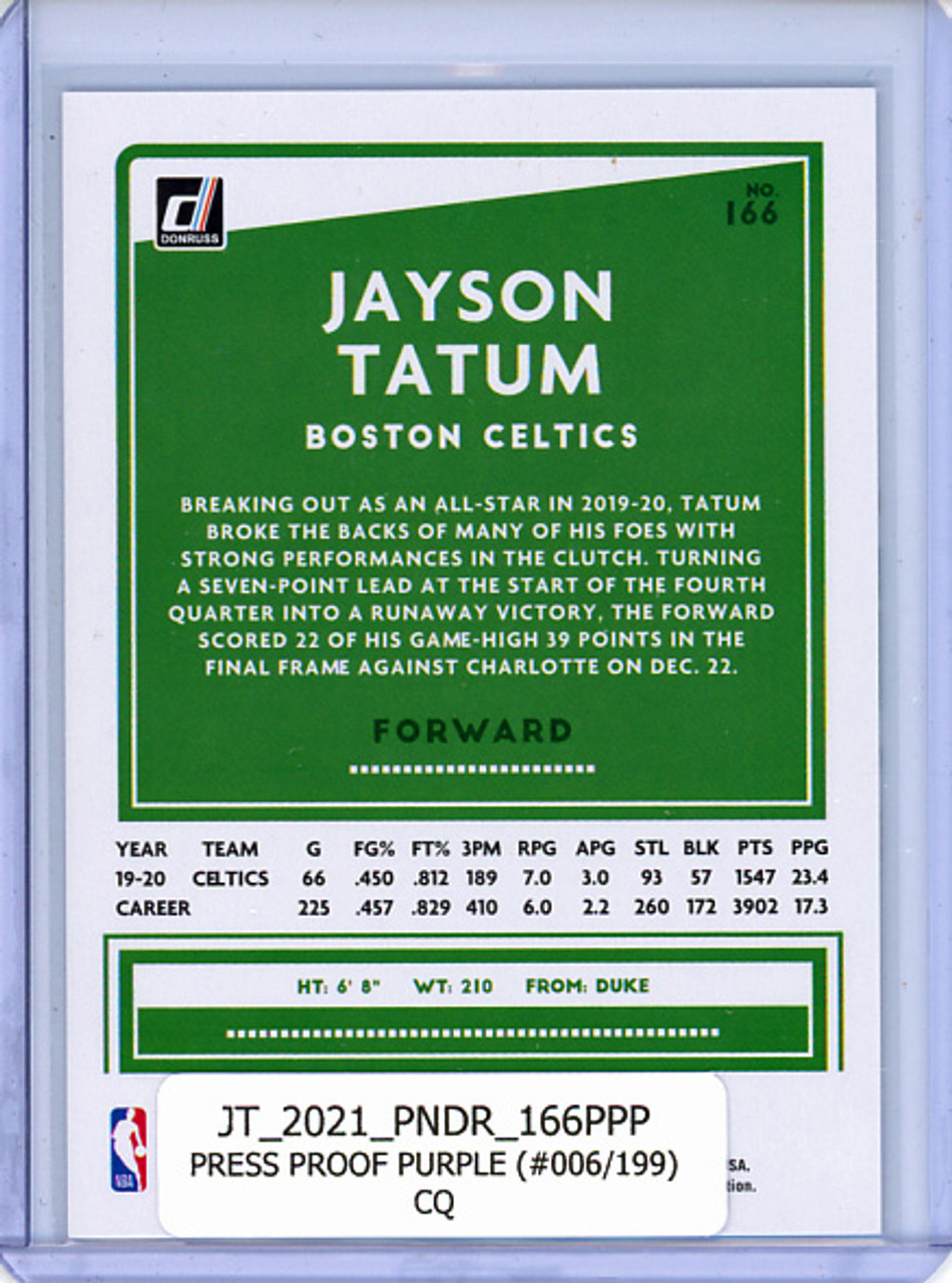 Jayson Tatum 2020-21 Donruss #166 Press Proof Purple (#006/199) (CQ)