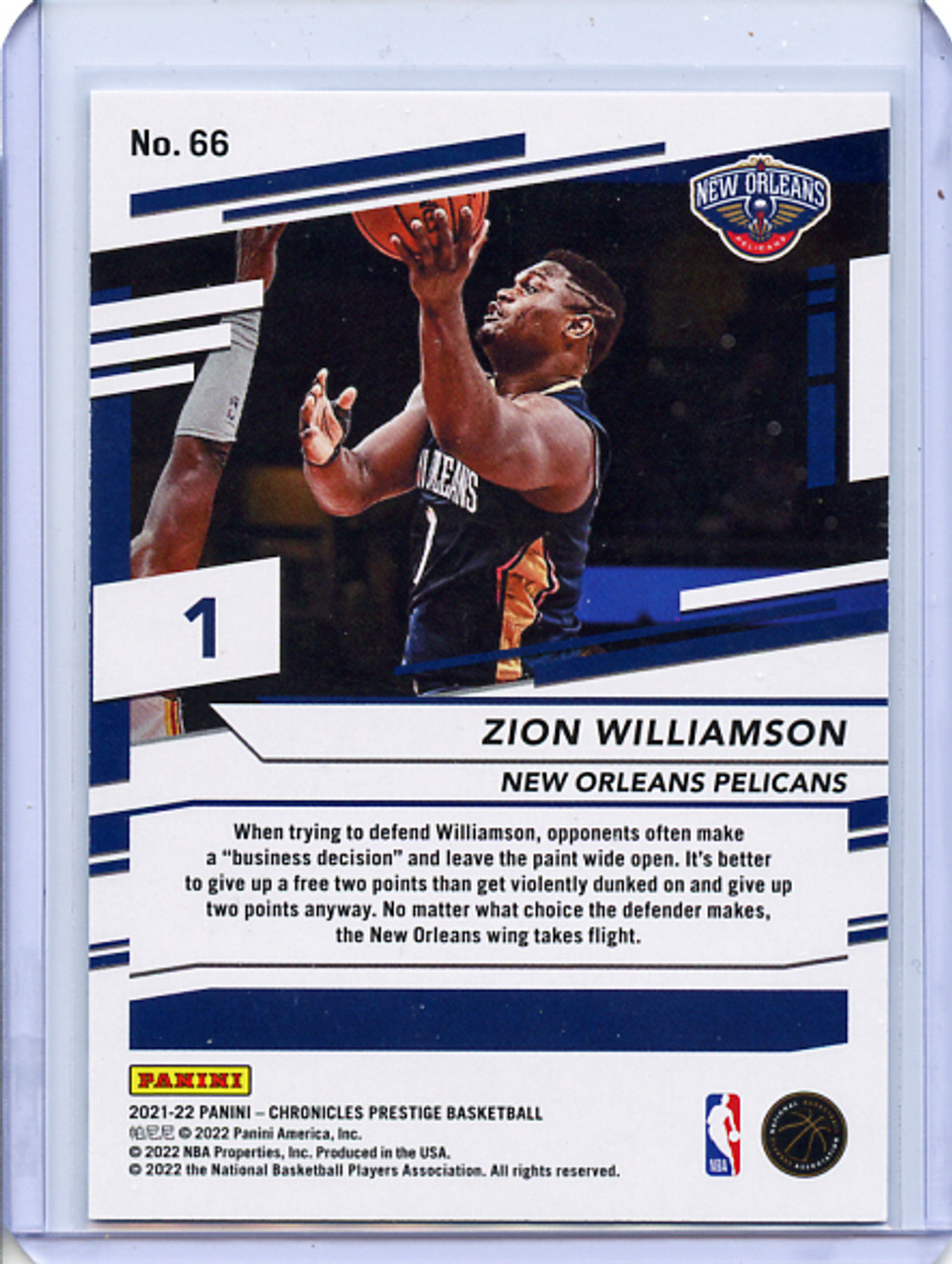 Zion Williamson 2021-22 Chronicles, Prestige #66 Blue (#22/99)