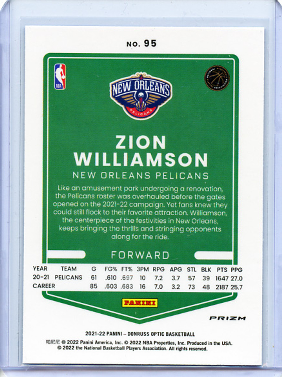 Zion Williamson 2021-22 Donruss Optic #95 Blue Velocity (3)