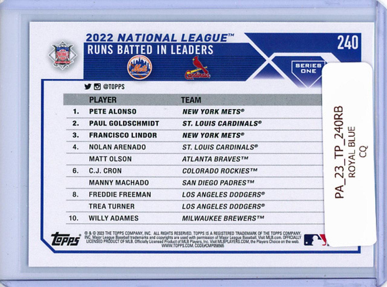 Pete Alonso, Paul Goldschmidt, Francisco Lindor 2023 Topps #240 NL RBI Leaders Royal Blue (CQ)