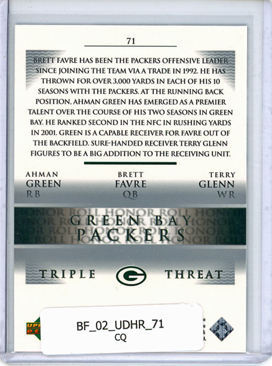 Ahman Green, Brett Favre, Terry Glenn 2002 Honor Roll #71 Triple Threat (CQ)