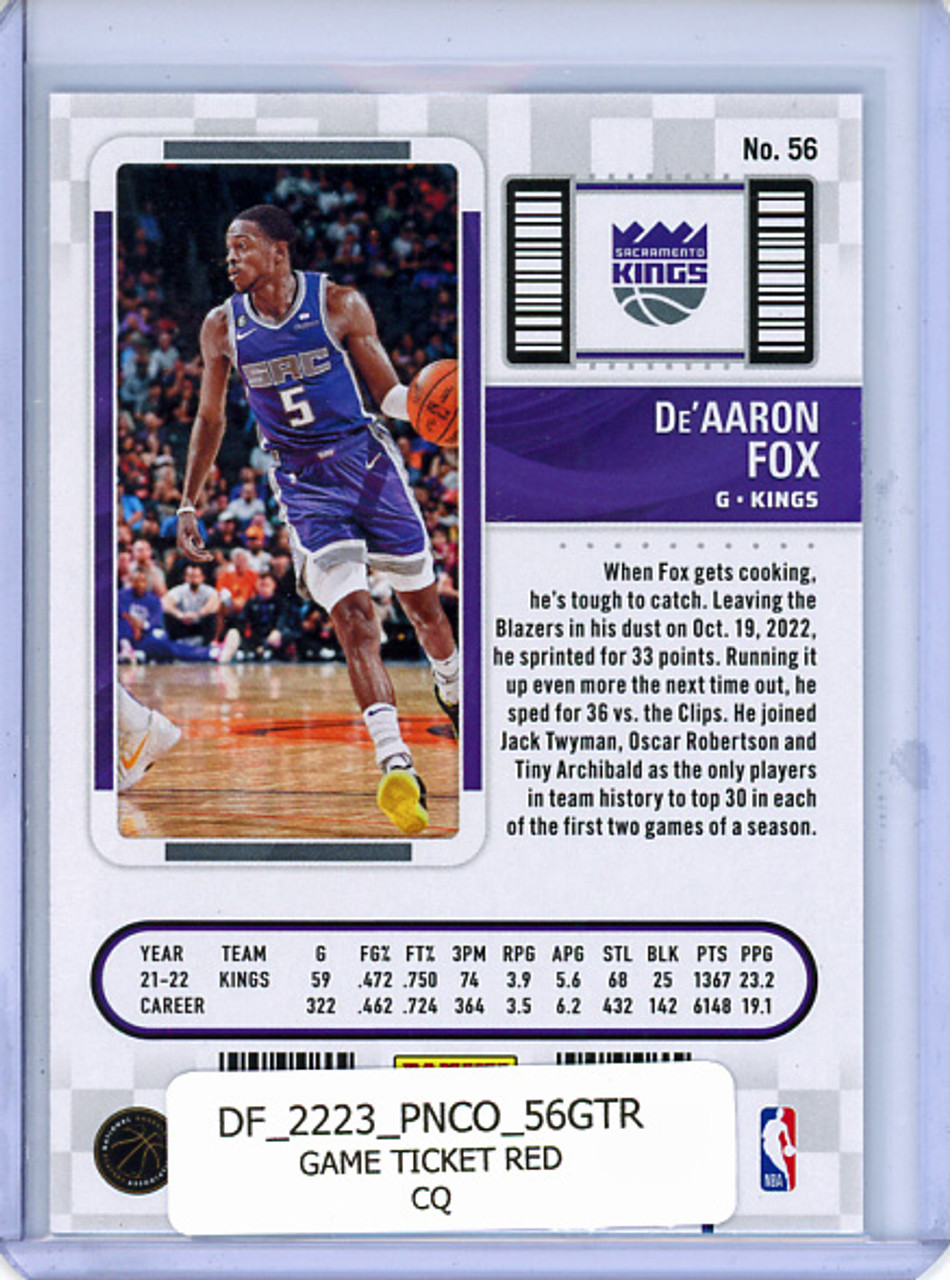 De'Aaron Fox 2022-23 Contenders #56 Game Ticket Red (CQ)