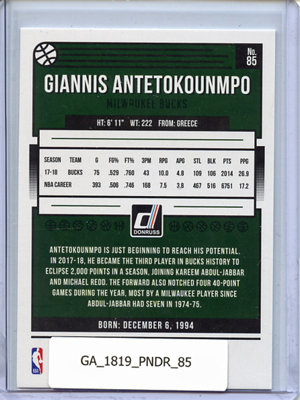 Giannis Antetokounmpo 2018-19 Donruss #85