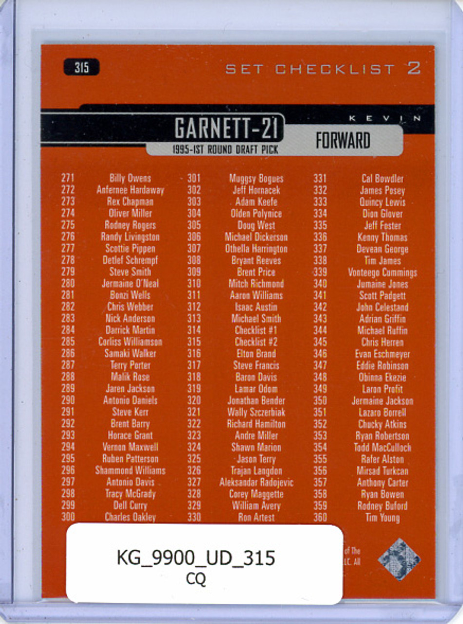 Kevin Garnett 1999-00 Upper Deck #315 Checklist (CQ)