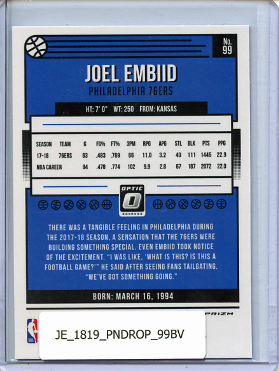 Joel Embiid 2018-19 Donruss Optic #99 Blue Velocity