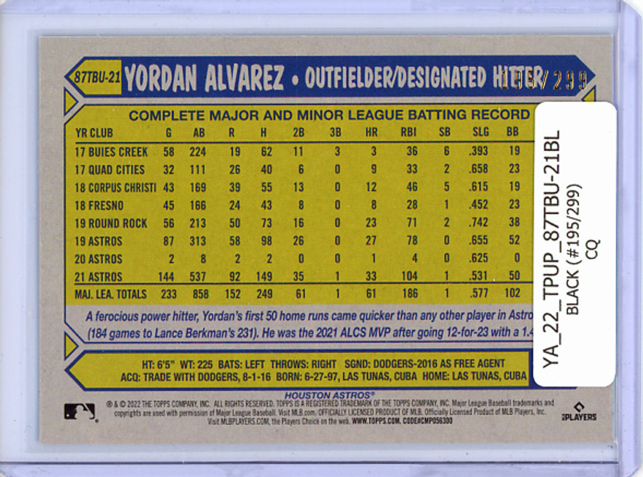 Yordan Alvarez 2022 Topps Update, 1987 Topps #87TBU-21 Black (#195/299) (CQ)
