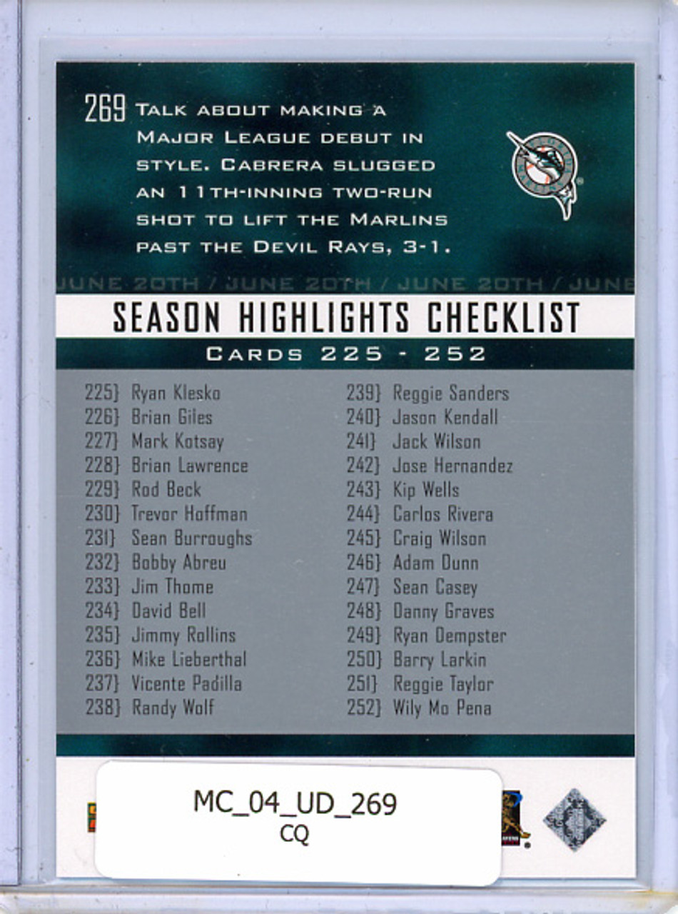Miguel Cabrera 2004 Upper Deck #269 Season Highlights Checklist (CQ)