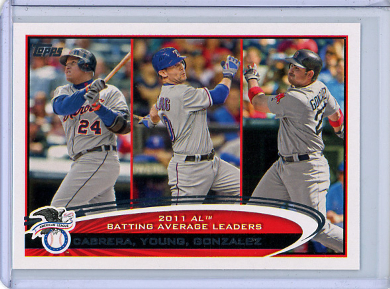 Miguel Cabrera, Michael Young, Adrian Gonzalez 2012 Topps #239 AL Batting Average Leaders (CQ)