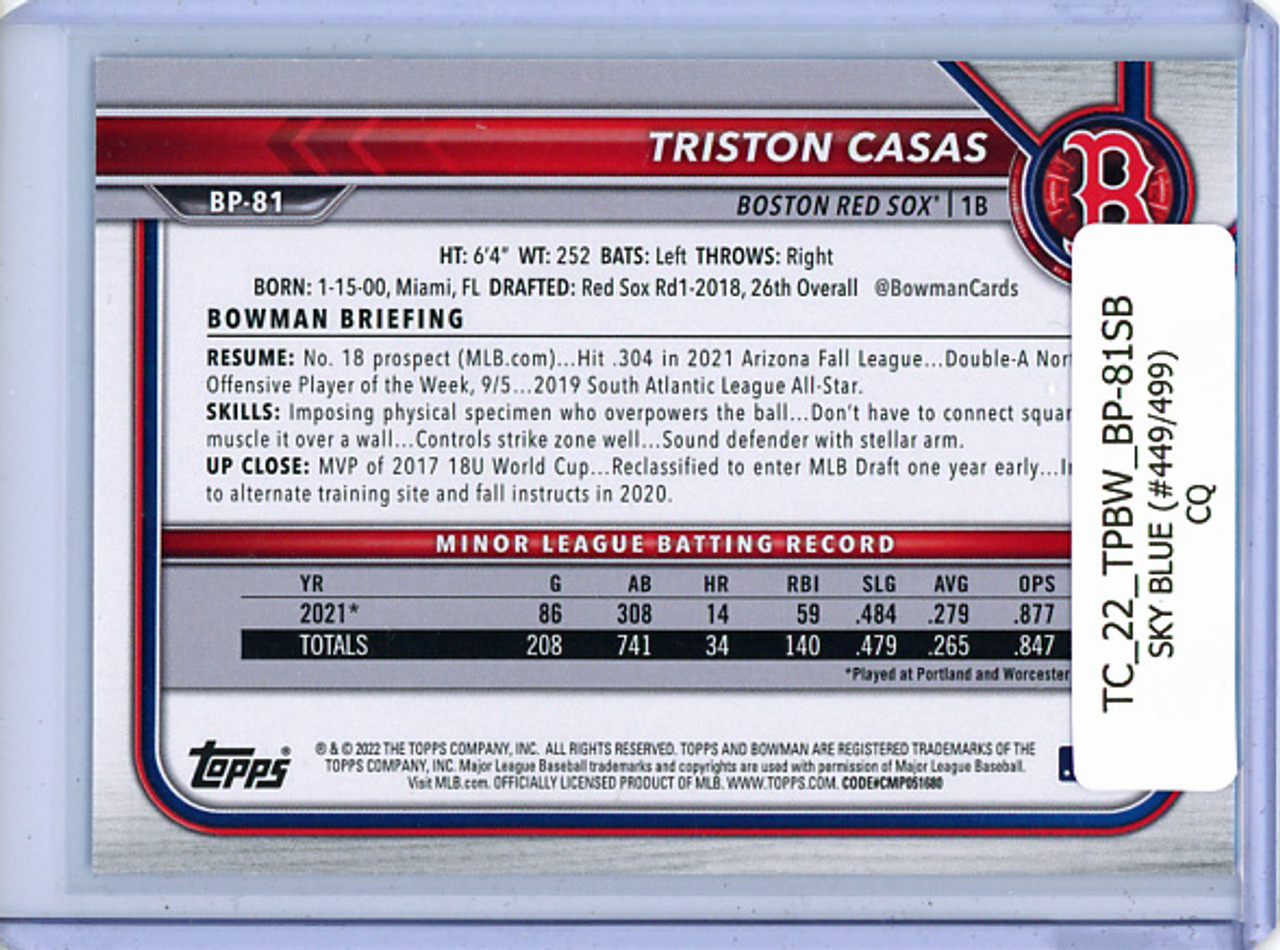 Triston Casas 2022 Bowman Prospects #BP-81 Sky Blue (#449/499) (CQ)