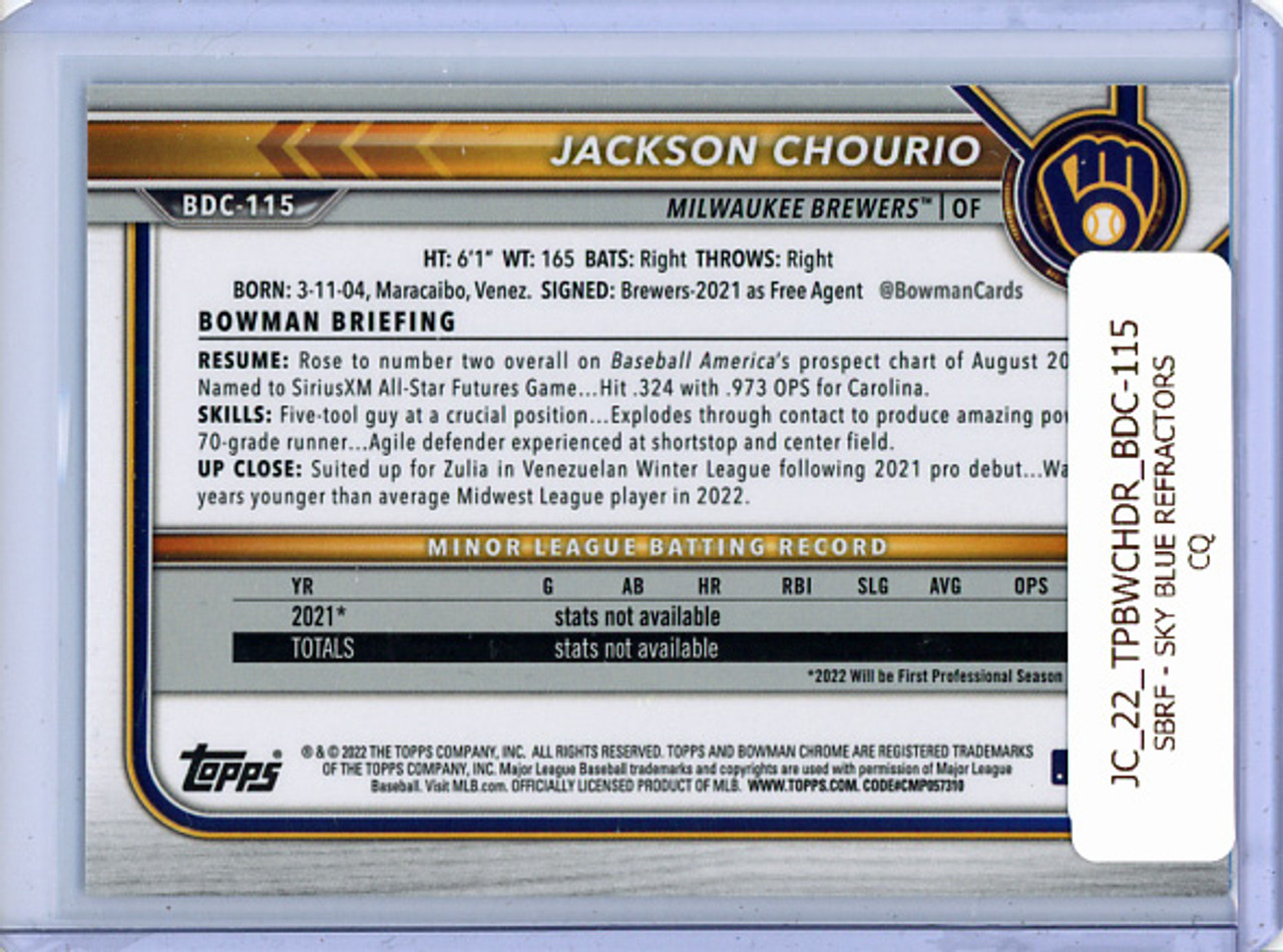 Jackson Chourio 2022 Bowman Chrome Draft #BDC-115 Sky Blue Refractors (CQ)