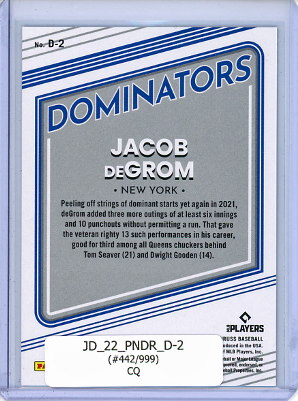 Jacob DeGrom 2022 Donruss, Dominators #D-2 (#442/999) (CQ)