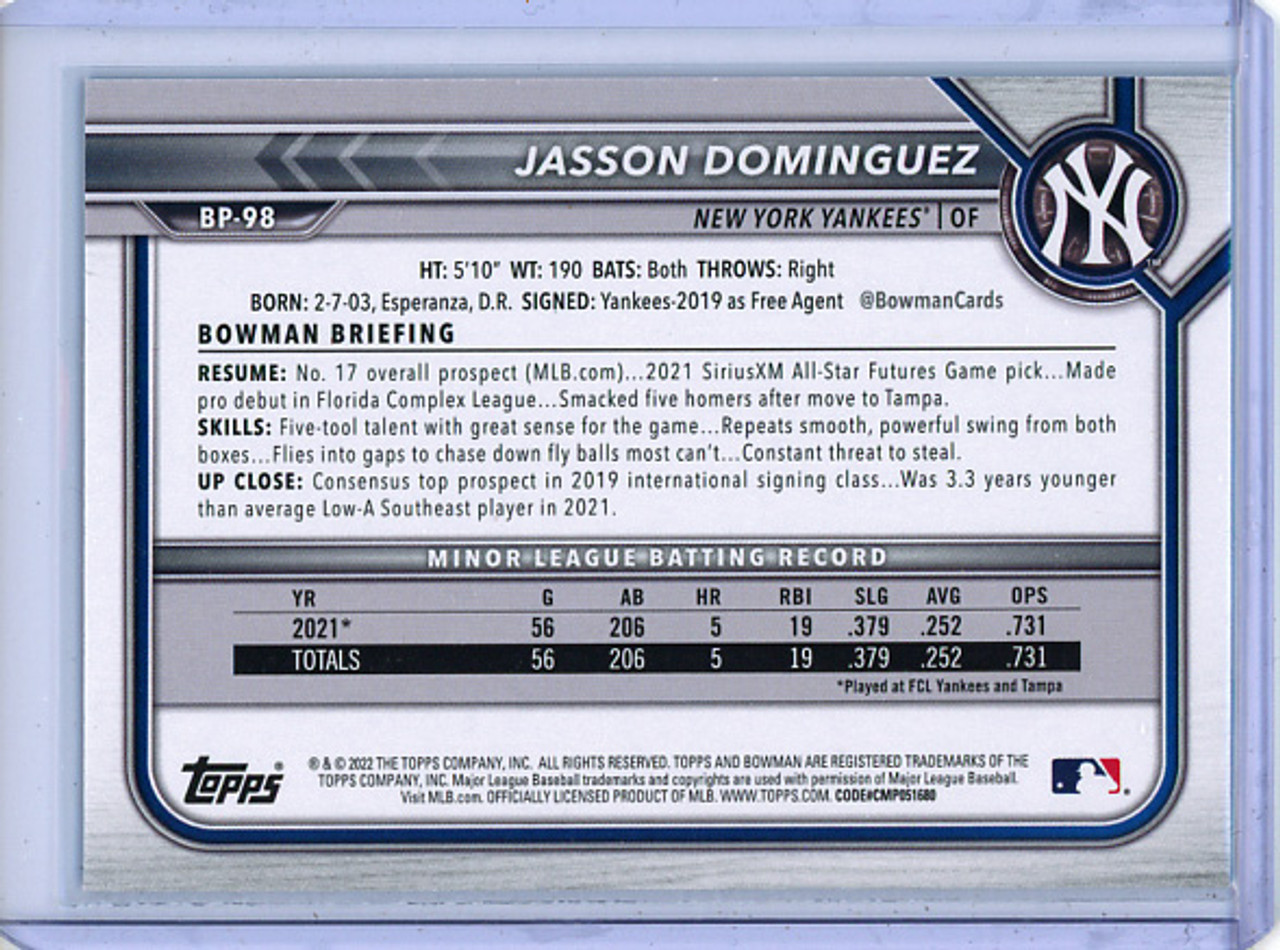 Jasson Dominguez 2022 Bowman Prospects #BP-98 Sky Blue (#157/499) (CQ)