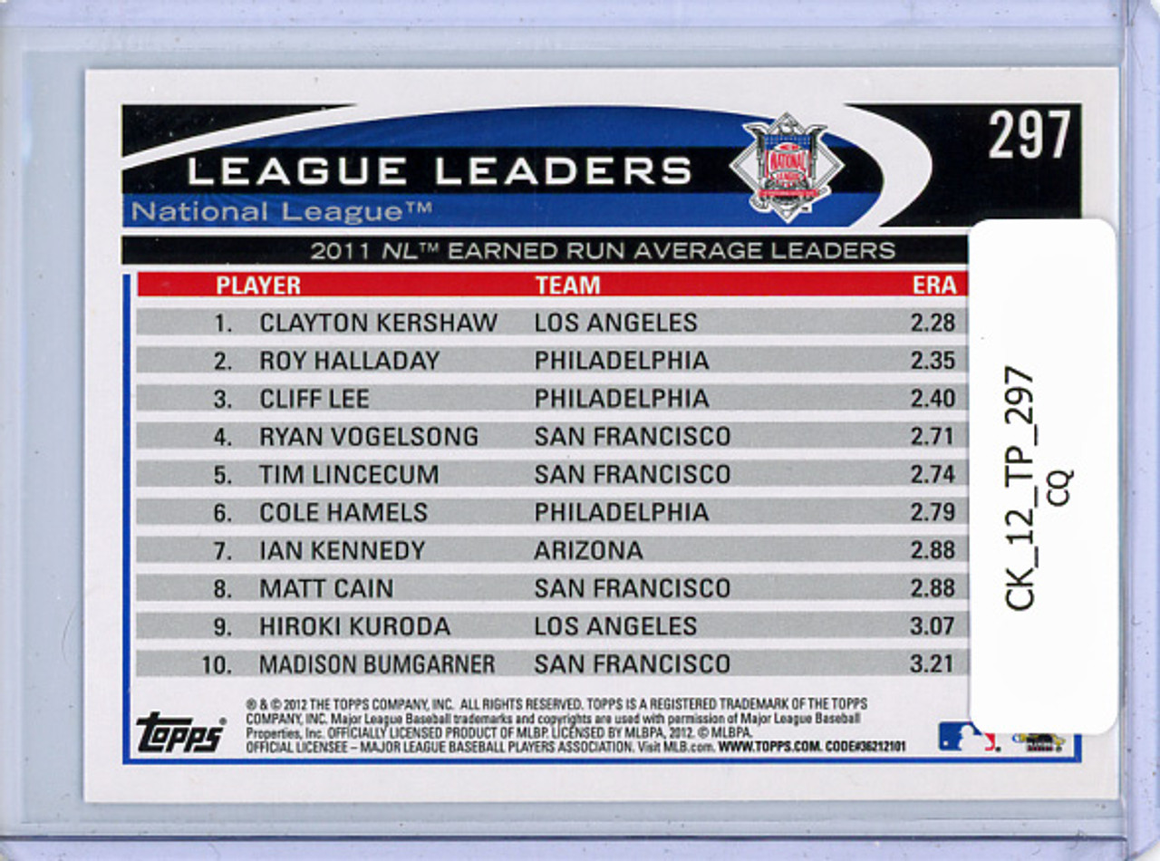 Clayton Kershaw, Roy Halladay, Cliff Lee 2012 Topps #297 NL ERA Leaders (CQ)