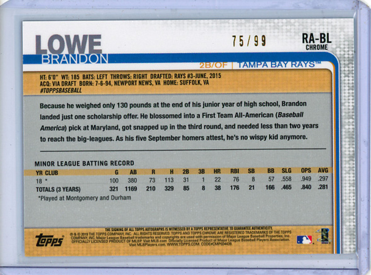 Brandon Lowe 2019 Topps Chrome, Rookie Autographs #RA-BL Green Refractors (#75/99) (CQ)