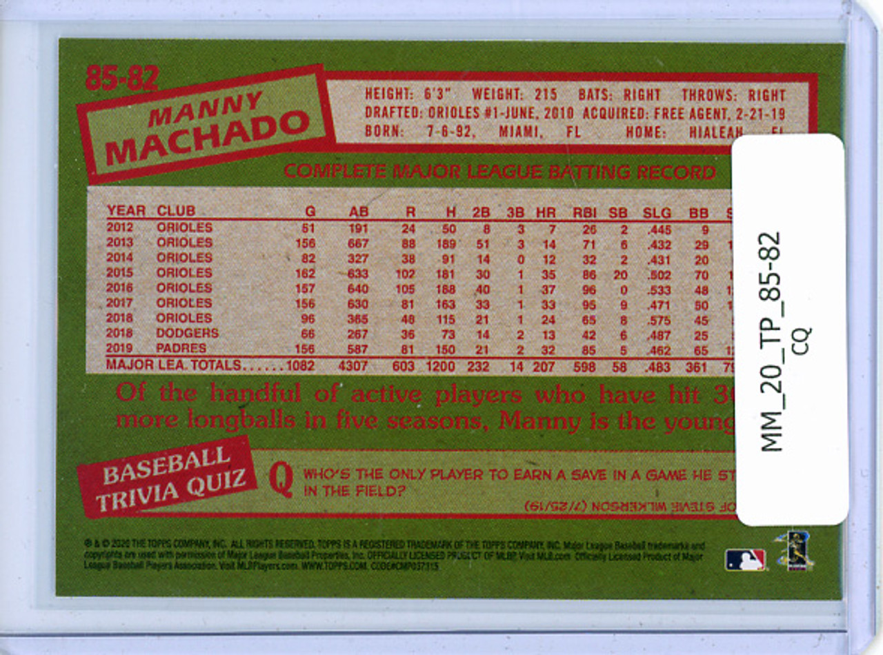 Manny Machado 2020 Topps, 1985 Topps #85-82 (CQ)