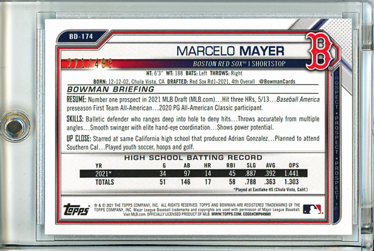 Marcelo Mayer 2021 Bowman Draft #BD-174 Sky Blue (#271/499) (CQ)