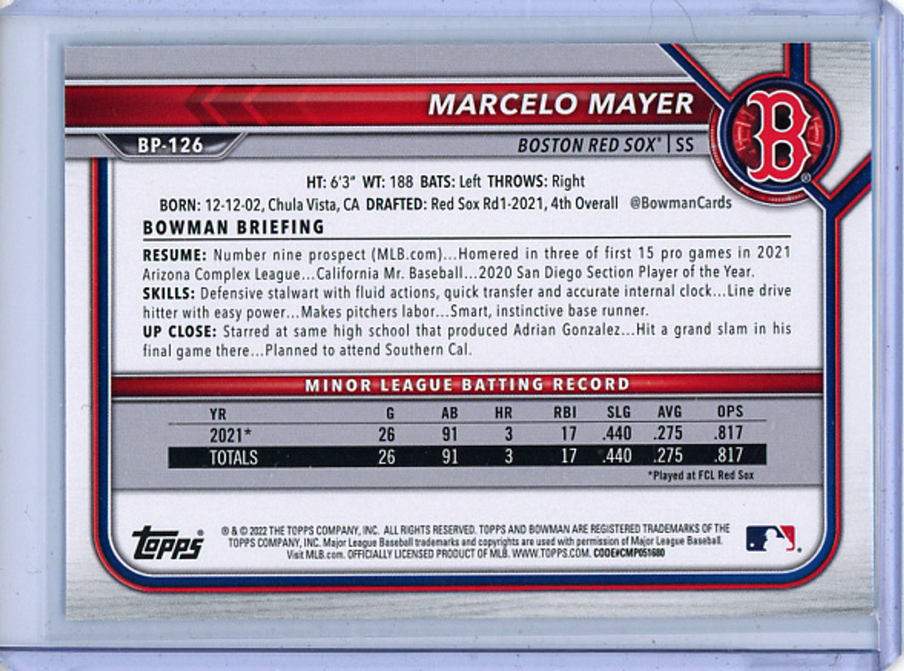 Marcelo Mayer 2022 Bowman Prospects #BP-126 Sky Blue (#288/499) (CQ)