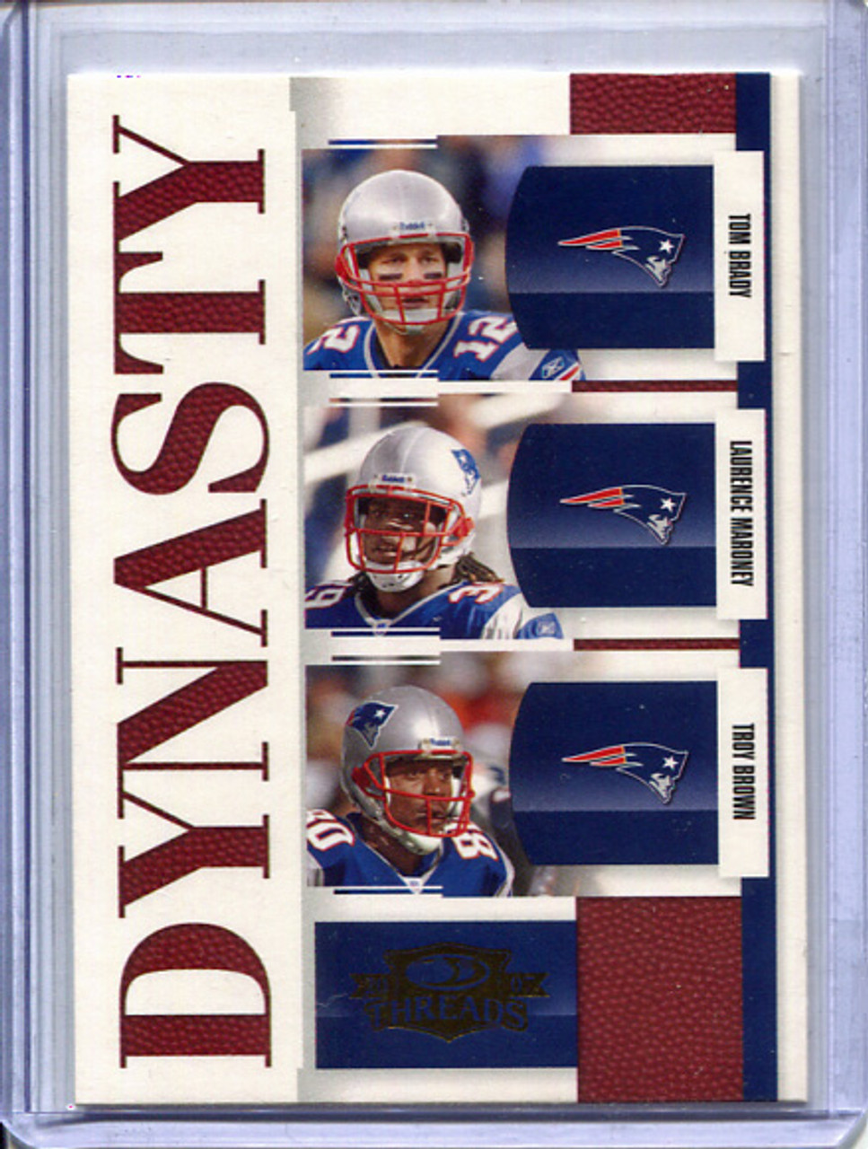 Tom Brady 2007 Donruss Threads, Dynasty #D-6 Gold (with Troy Brown and Laurence Maroney)