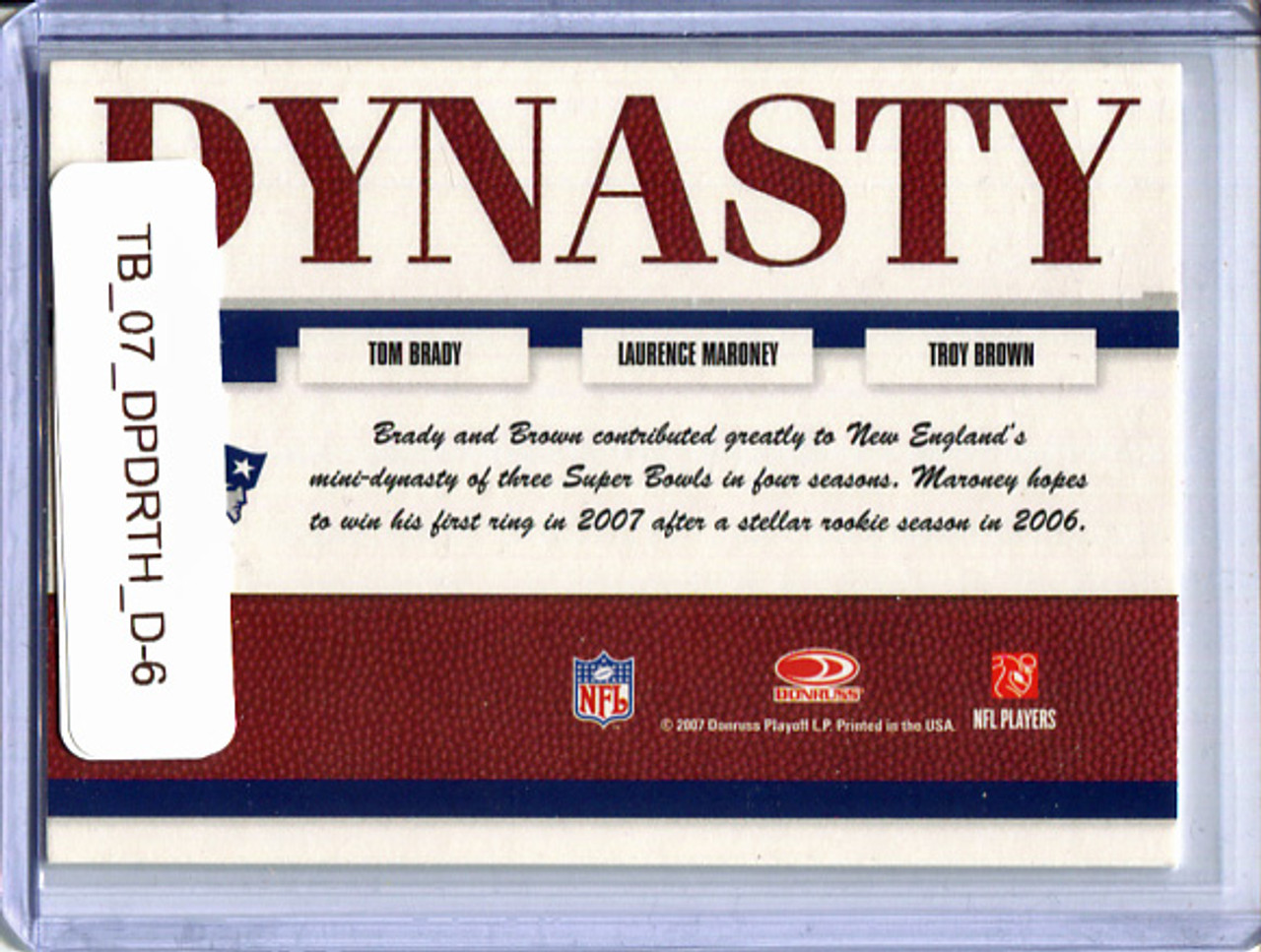 Tom Brady 2007 Donruss Threads, Dynasty #D-6 Gold (with Troy Brown and Laurence Maroney)