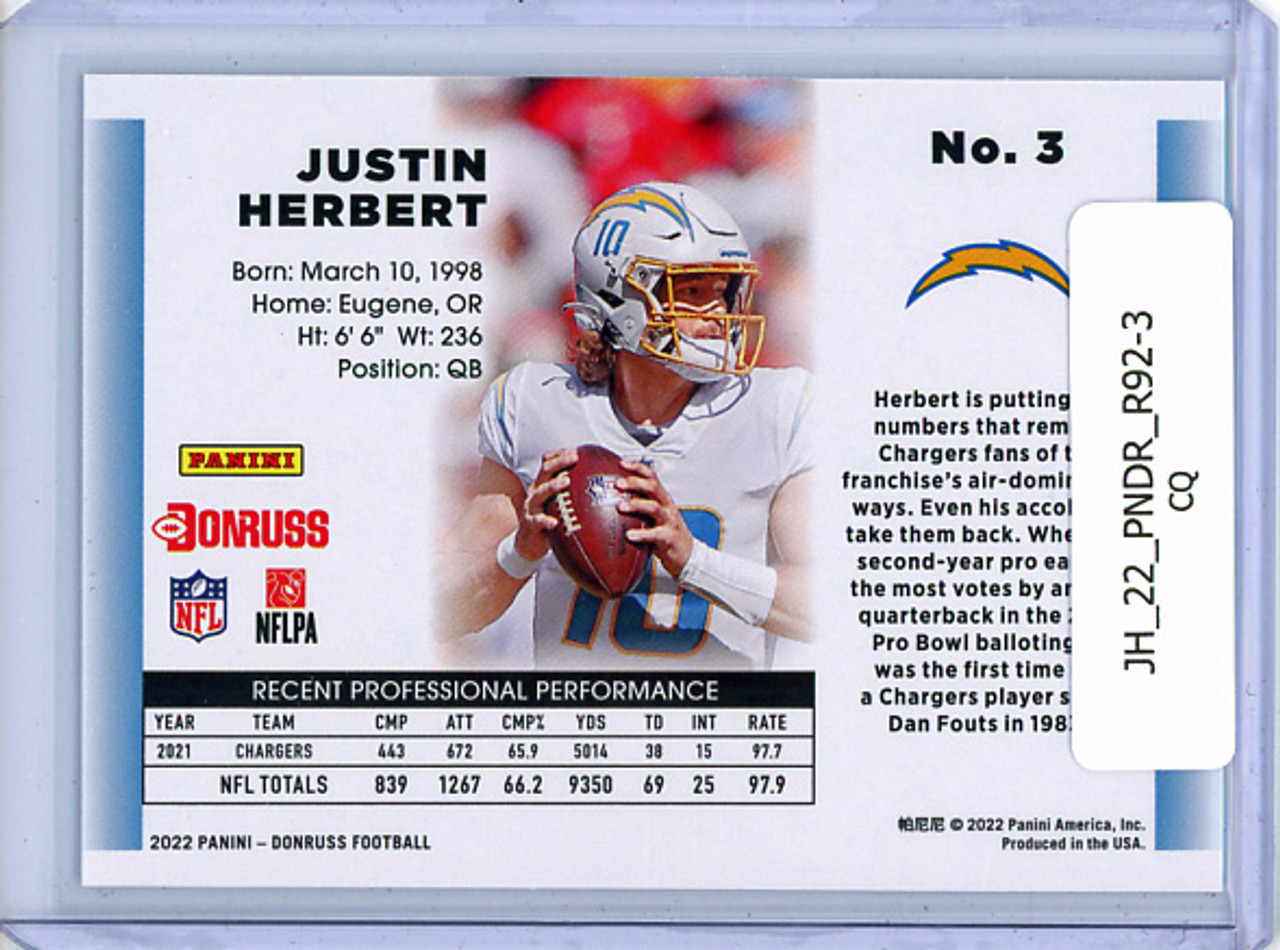 Justin Herbert 2022 Donruss, Retro 1992 #3 (CQ)