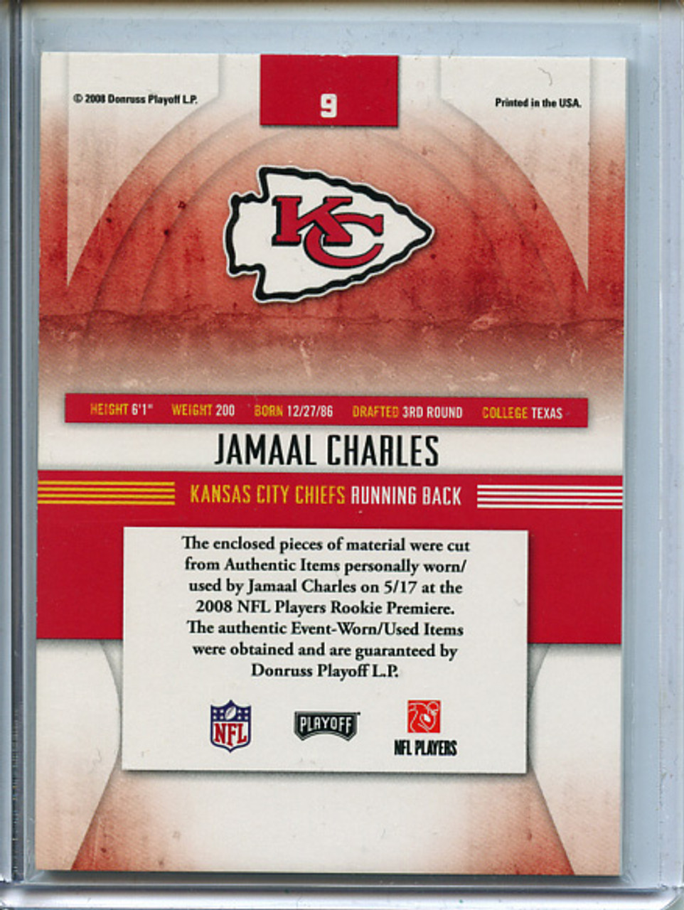 Jamaal Charles 2008 Absolute, Rookie Jersey Collection #9