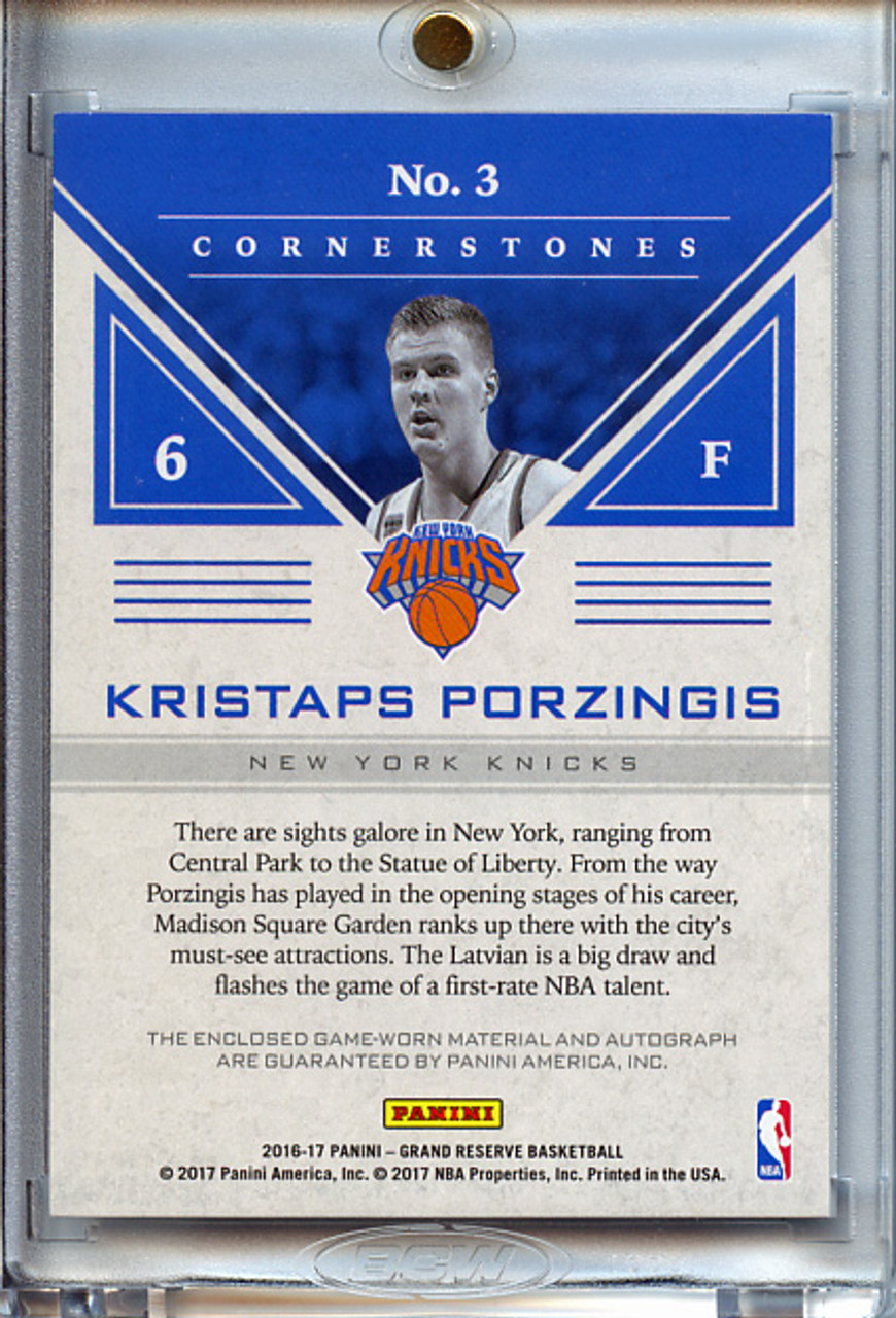 Kristaps Porzingis 2016-17 Grand Reserve, Cornerstones Quad Jersey Autographs #3 Quartz (#07/25)