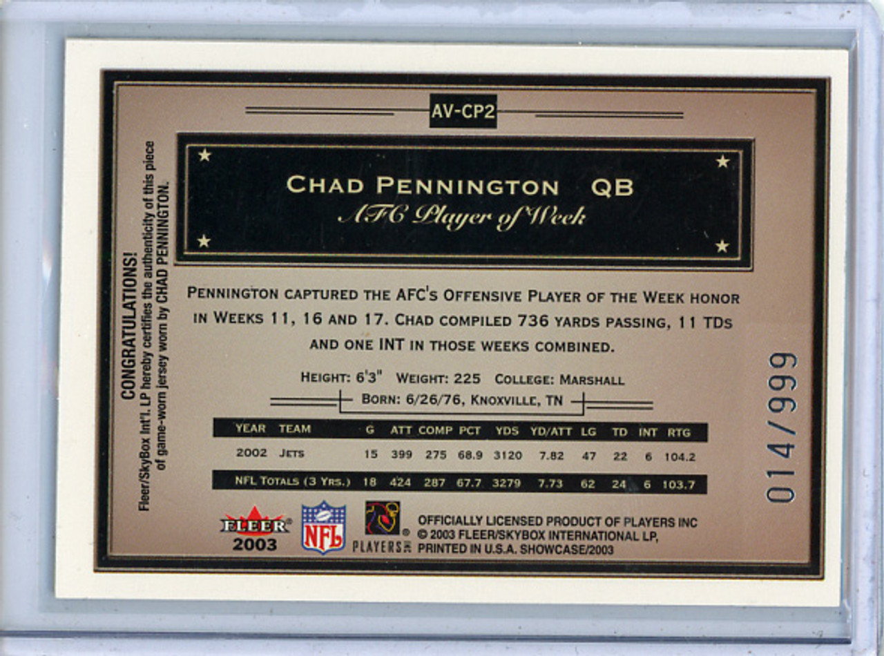 Chad Pennington 2003 Showcase, Avant Card Jerseys #AV-CP2 (#014/999) (CQ)