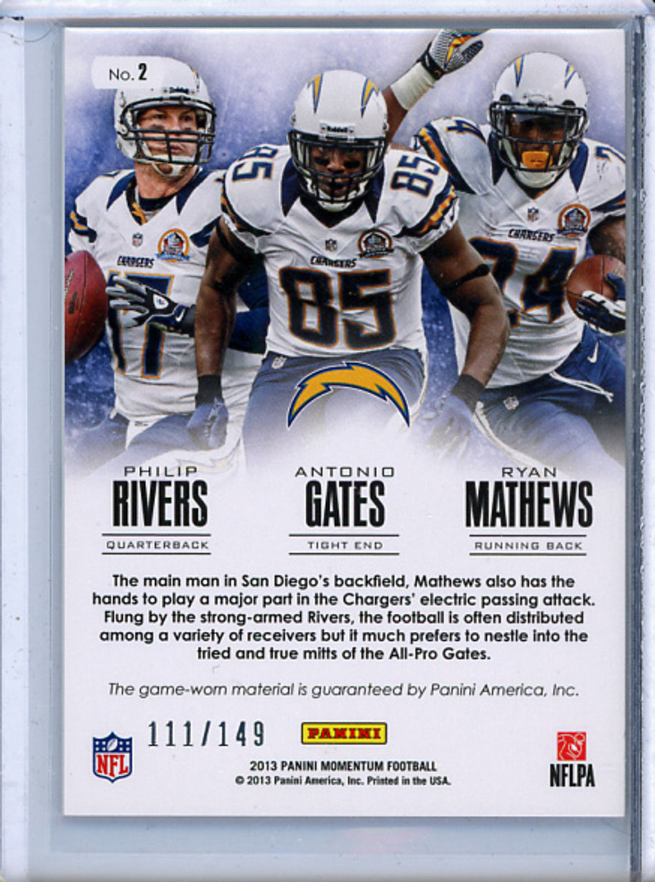 Philip Rivers, Antonio Gates, Ryan Mathews 2013 Momentum, Triple-Feature Materials #2 (#111/149) (CQ)