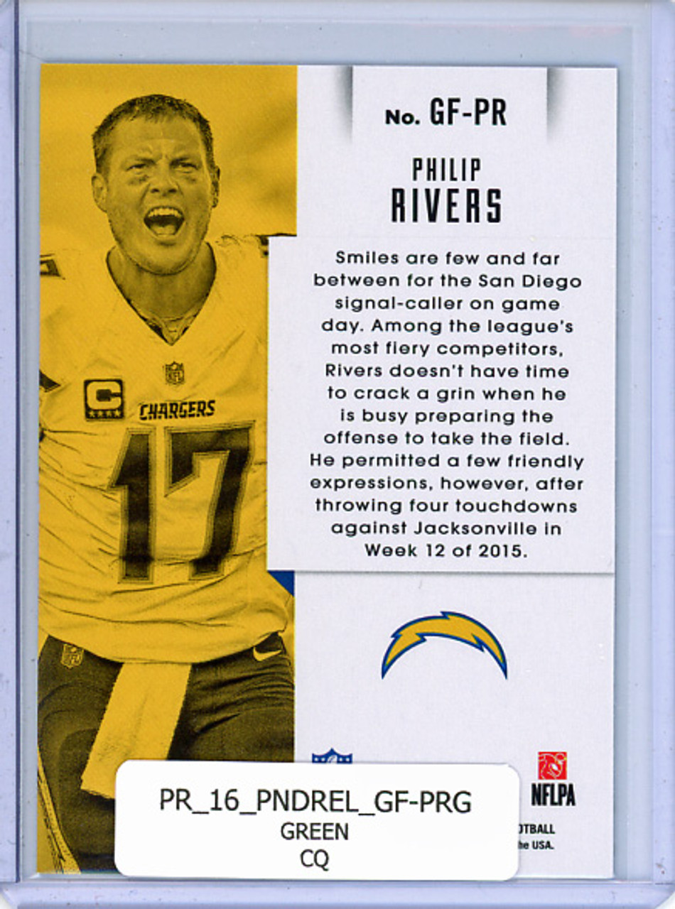 Philip Rivers 2016 Donruss Elite, Game Face #GF-PR Green (CQ)