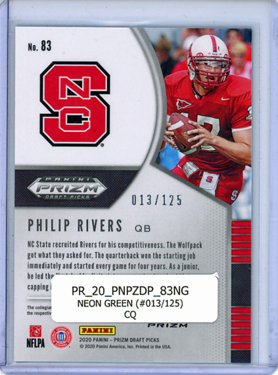 Philip Rivers 2020 Prizm Draft Picks #83 Neon Green (#013/125) (CQ)