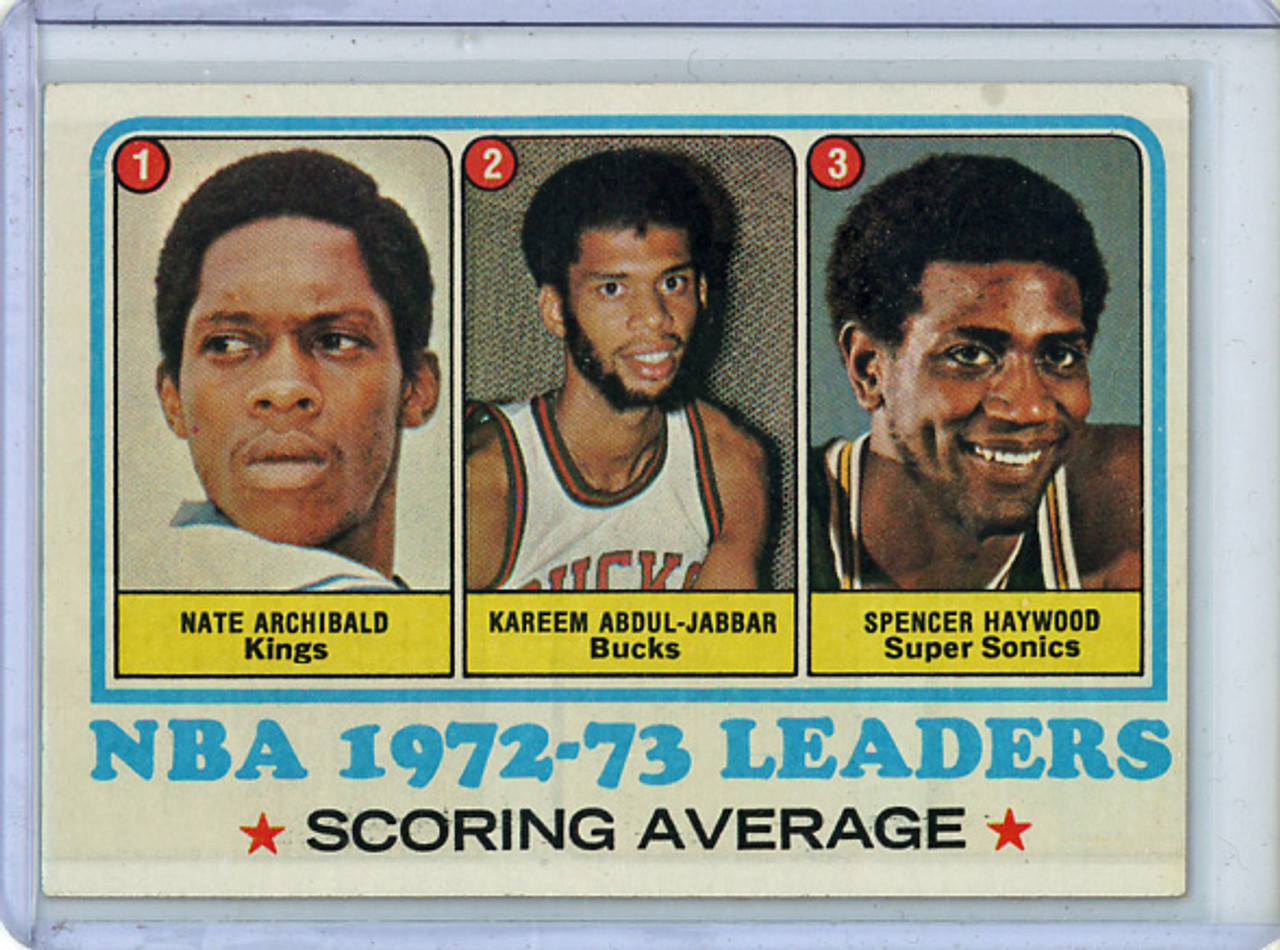 Nate Archibald, Kareem Abdul-Jabbar, Spencer Haywood 1973-74 Topps #154 Scoring Average Leaders (1) (CQ)
