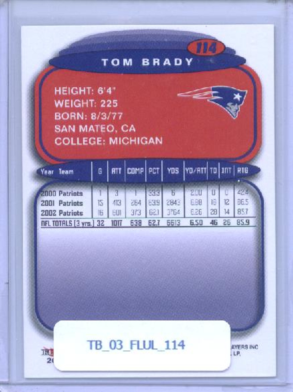 Tom Brady 2003 Fleer Ultra #114