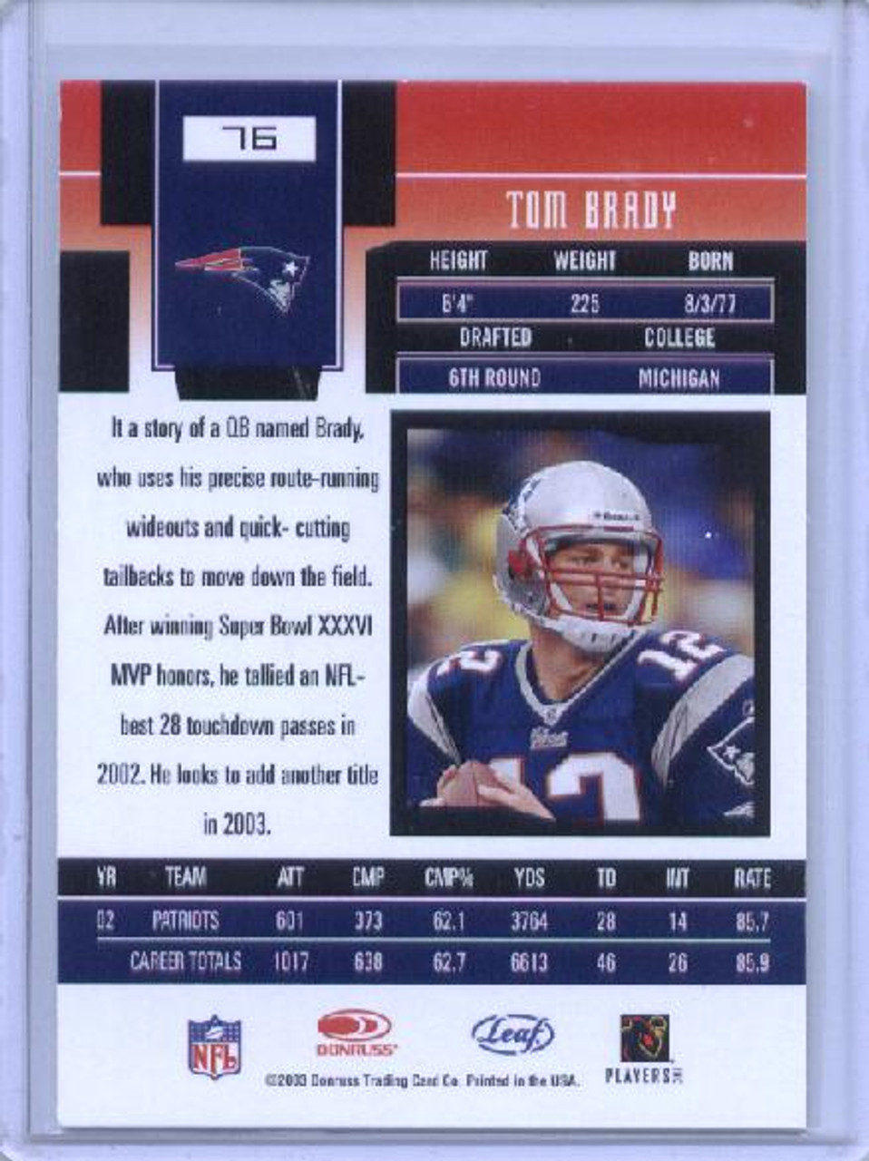 Tom Brady 2003 Leaf Certified Materials #76