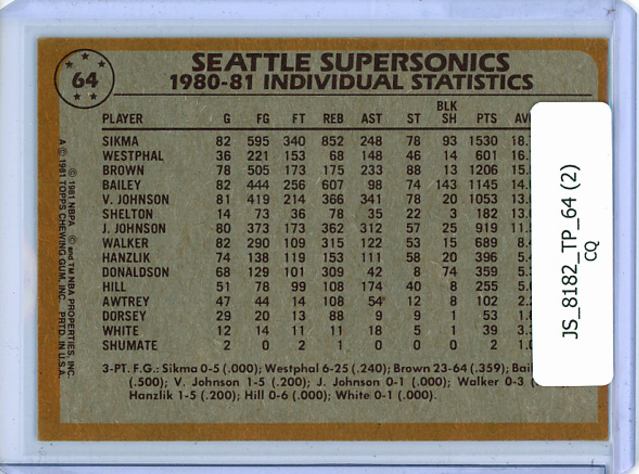 Jack Sikma, Vinnie Johnson 1981-82 Topps #64 Supersonics Team Leaders (NM) (2) (CQ)