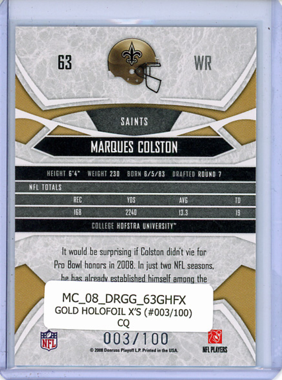 Marques Colston 2008 Donruss Gridiron Gear #63 Gold Holofoil X's (#003/100) (CQ)