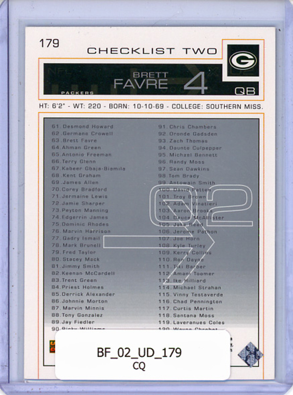 Brett Favre 2002 Upper Deck #179 Checklist Two (CQ)